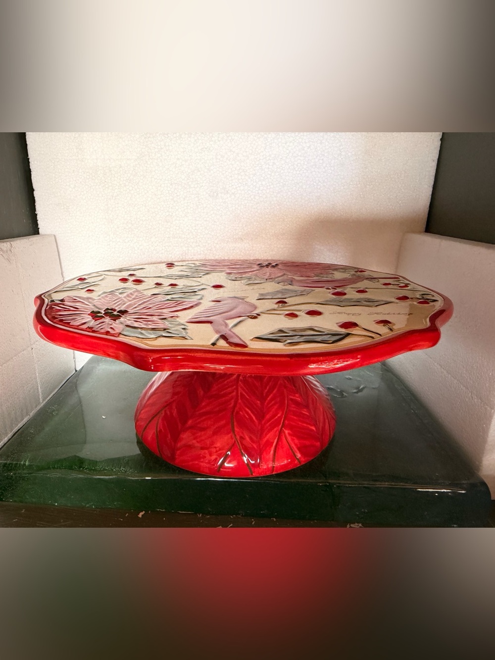 Decorative Red Ceramic Cake Stand with Floral and Bird Design
